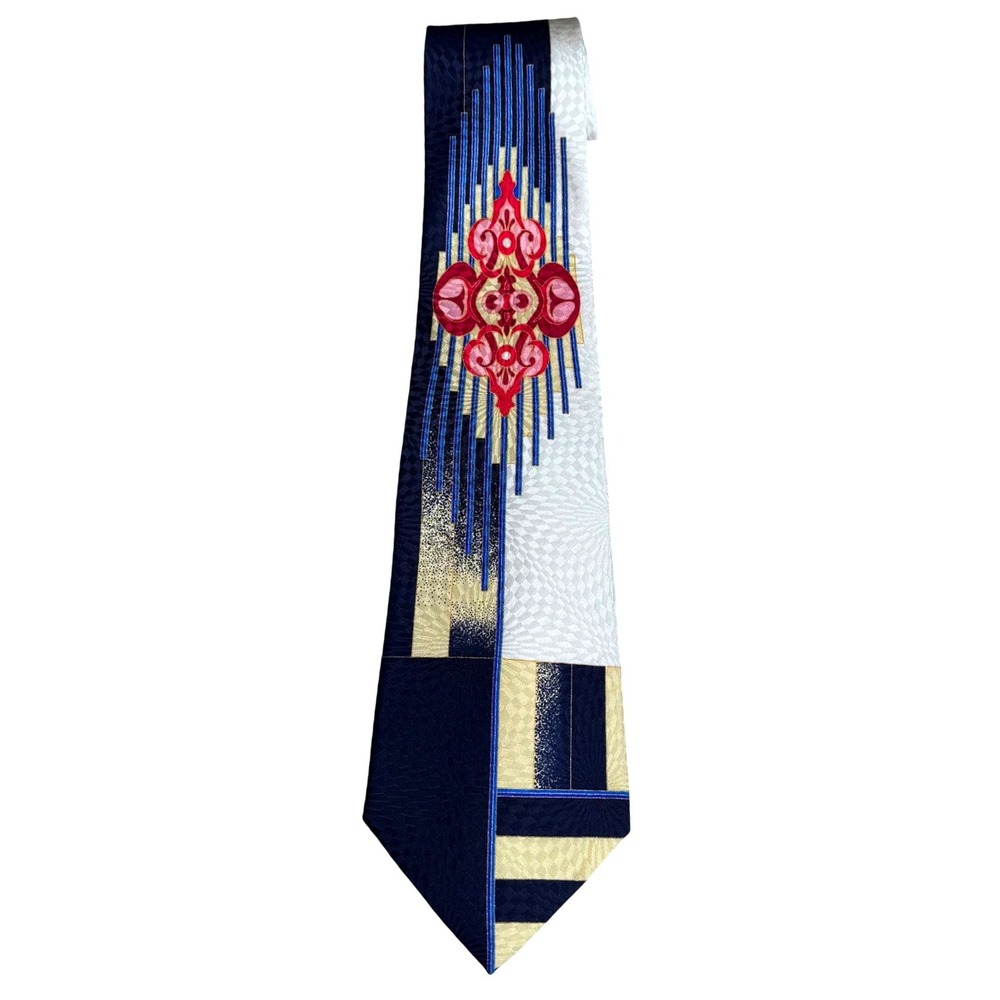 Robert Arnold Mens Silk Tie Navy Blue Geometric Medallion USA 4 Inch art deco